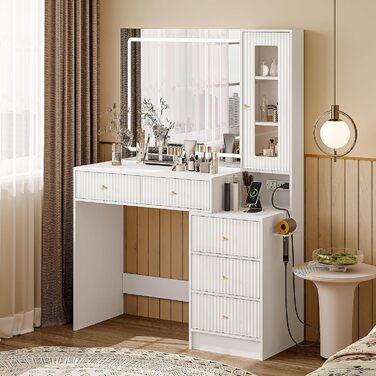 Дзеркальний туалетний столик Belife з підсвічуванням та 7 шухлядами, з розеткою та 3 кольорами світла для спальні (V3)