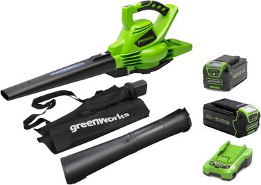 Акумуляторний листозбірник/лістовий повітродув Greenworks 40V GD40BVK2X з безщітковим двигуном, 370 км/год, 14.17 м³/хв, 45л мішок для збору листя, 3 роки гарантії, 5Ah акумулятор та універсальне зарядне пристрій + бонусний акумулятор 4Ah