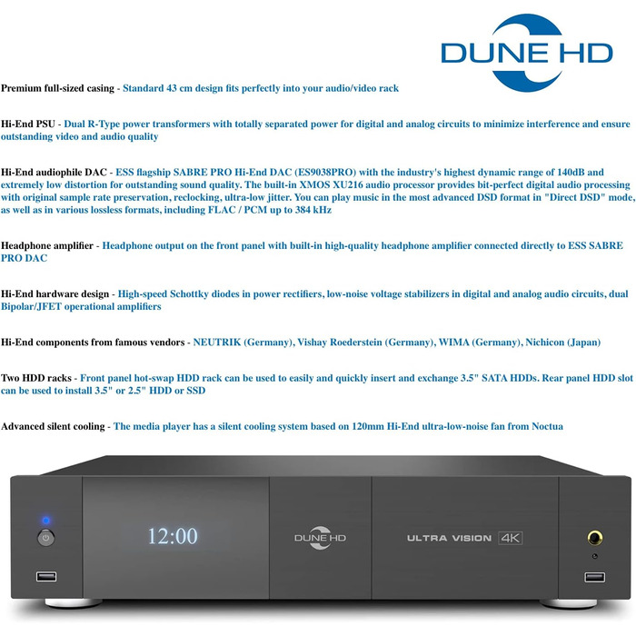 Медіаплеєр Dune HD Ultra Vision 4K Dolby Vision HDR10 RTD1619 ДР ES9038PRO ЦАП 2 стійки для жорстких дисків