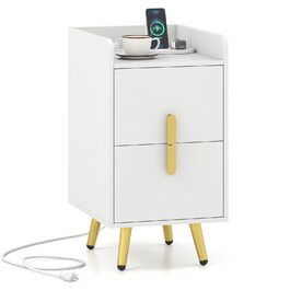 Нічний столик COSTWAY з зарядкою, вузький приліжний столик з 2 шухлядами, металеві ніжки, для спальні, вітальні, 32x40x60 см (Білий)