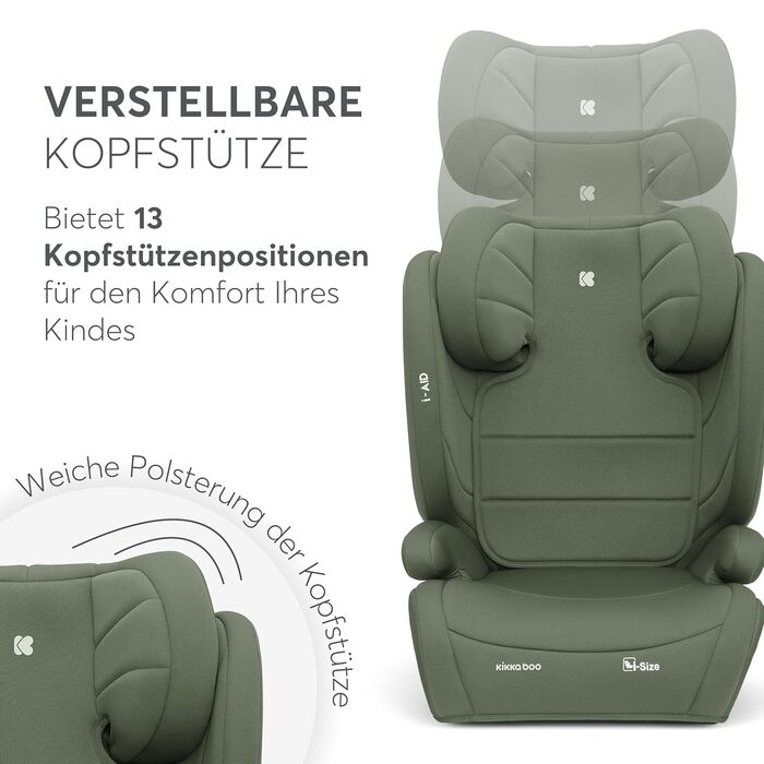 Автокрісло KikkaBoo 15-36 кг i-AID, група 2-3 (3-12 років), i-Size, регульована підголовник, армійний зелений
