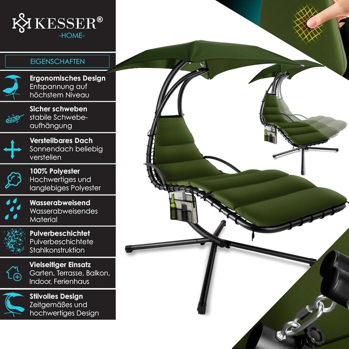 Кесер® Розкішна гамак-шезлонг з сонцезахисним козирком, 194x100 см, до 120 кг, з подушкою для шиї та сумкою (Хакі)