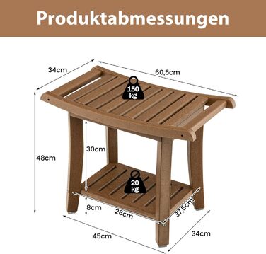 Двомісна лавка для душу Costway з полицею, 170 кг, 60.5 x 34 x 48 см (колір кавовий)