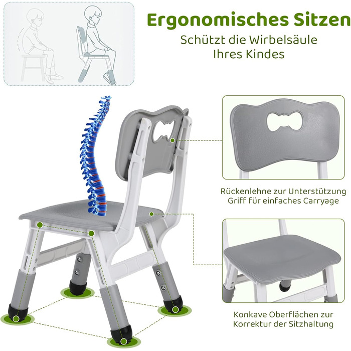 Дитячий стіл MAMIZO з 4 стільцями, регульована висота, набір для дитячої кімнати/садка, пластикові меблі, сірий, 60 x 120 см