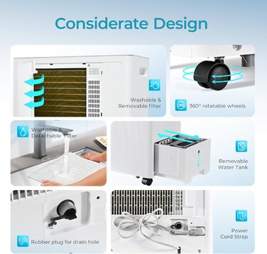 EUHOMY Електричний осушувач повітря 12L - для спальні/ванної/підвалу, тихий та економічний, 3 режими, автоматичне відтавання, шланг, фільтр, таймер, 12л/день, для 122м³/25м²