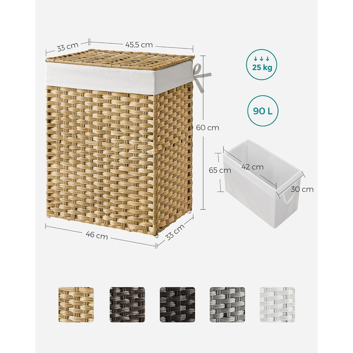 Кошик для білизни SONGMICS 90 л, ручне плетіння, синтетичний ротанг, кришка, ручки, складний, знімний мішок для білизни