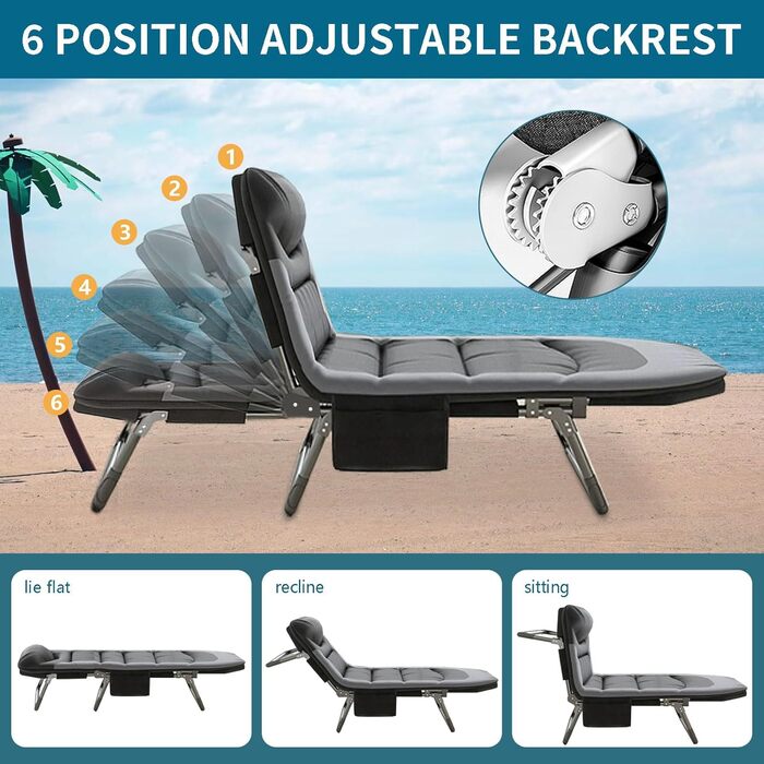 Розкладне кемпінгове ліжко-шезлонг XXL чорне, посилене польове ліжко з регульованою спинкою для відпочинку, рибалки та саду