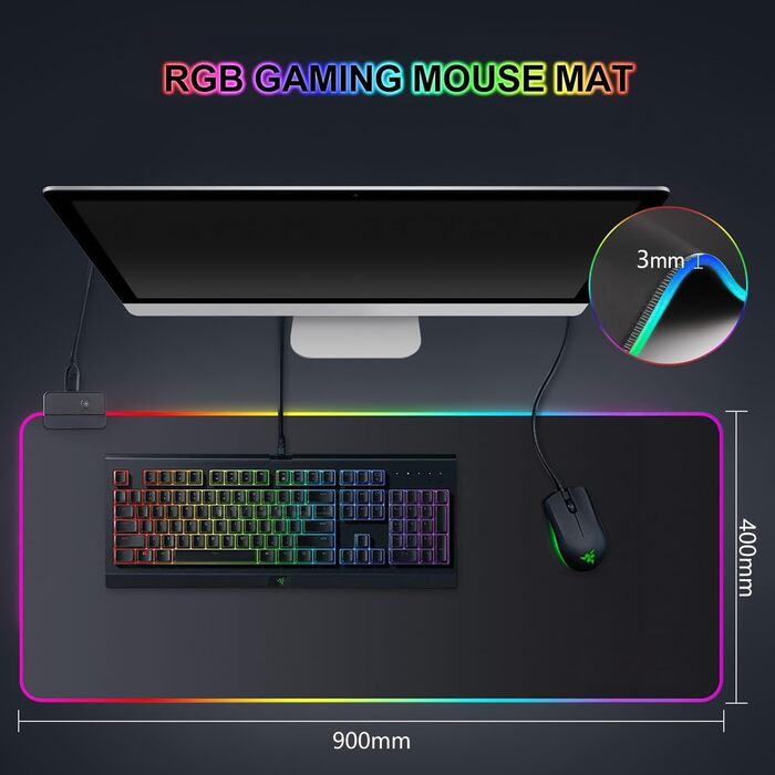 Килимок для миші ігровий RGB 900x400mm XXL чорний. Водостійкий, з підсвічуванням, антиковзаючий для ПК, ноутбука, ігор.
