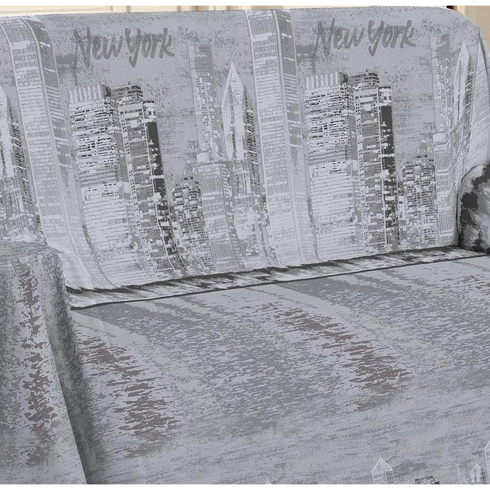 Плед для дивана, барвистий, візерунок Нью-Йорк 250 x 290 см - Універсальний бавовняний плед - Літнє покривало Granfoulard Літня ковдра Двоспальне ліжко - Сіро-сірий 2 Piazze - 250X290