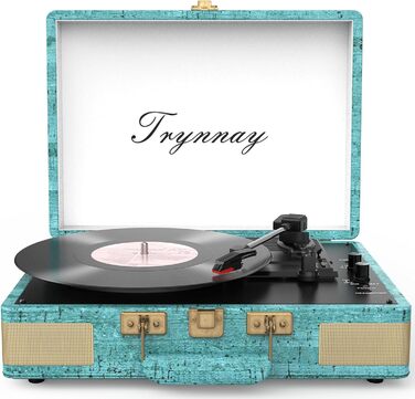 Вініловий програвач Trynnay 3-швидкісний Bluetooth, портативний ретро програвач у валізі з вбудованими динаміками, покриття зі штучної шкіри, синій