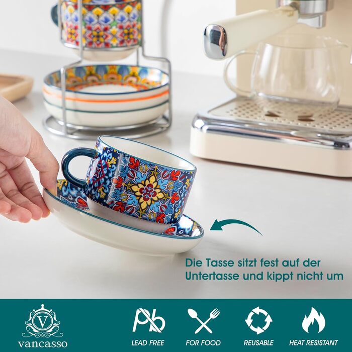 Набір чашок для еспресо Vancasso 4 шт., 150 мл SIMI, з підставками та стійкою, керамічні, для капучино, еспресо, лате (270 мл)