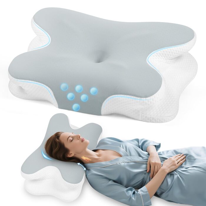Ортопедична подушка для шиї з Memory Foam - для сну на боці, спині та животі з покриттям з льонової тканини (сіра)
