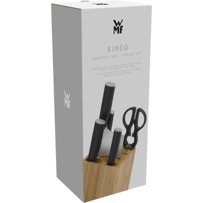 Набір ножів WMF Kineo з підставкою (6 предметів), Made in Germany: 4 ножі, кухоні кусачки, бамбукова підставка, Performance Cut, сталь Messerblock Asia