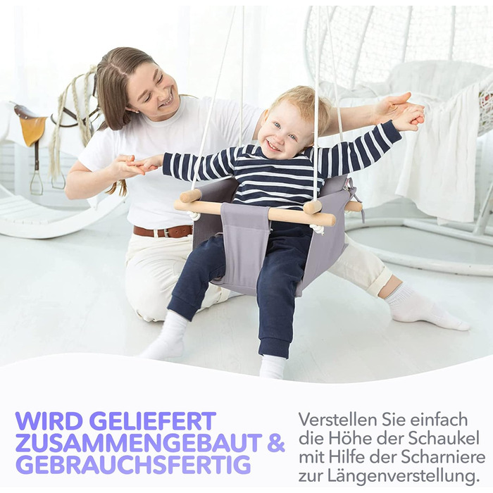 Дитяча гойдалка Cateam з дерева для дому та саду. Безпечний ремінь, від 12 місяців. Різні кольори (тауп-сірий)