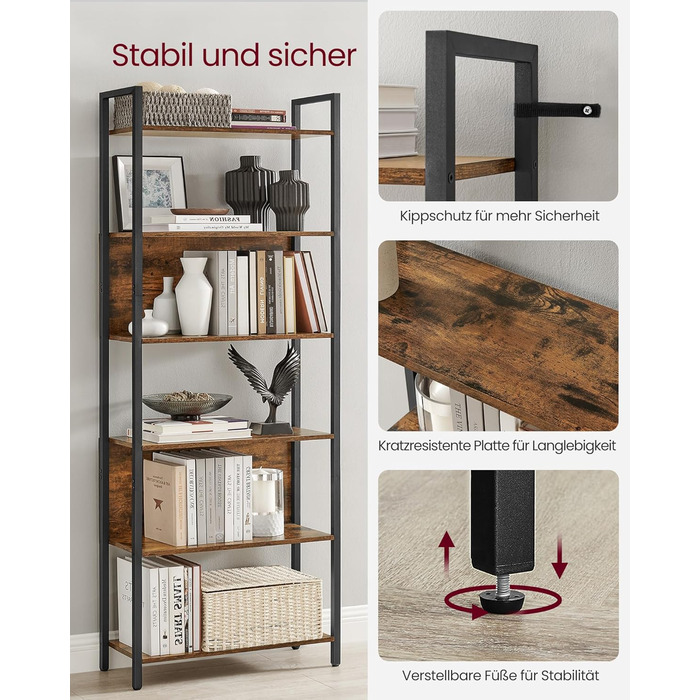 Стелаж VASAGLE з 5 відкритими полицями, для кухні, офісу, вітальні, промисловий дизайн, 24 x 128 x 154,1 см, колір vintagebraun-tintenschwarz