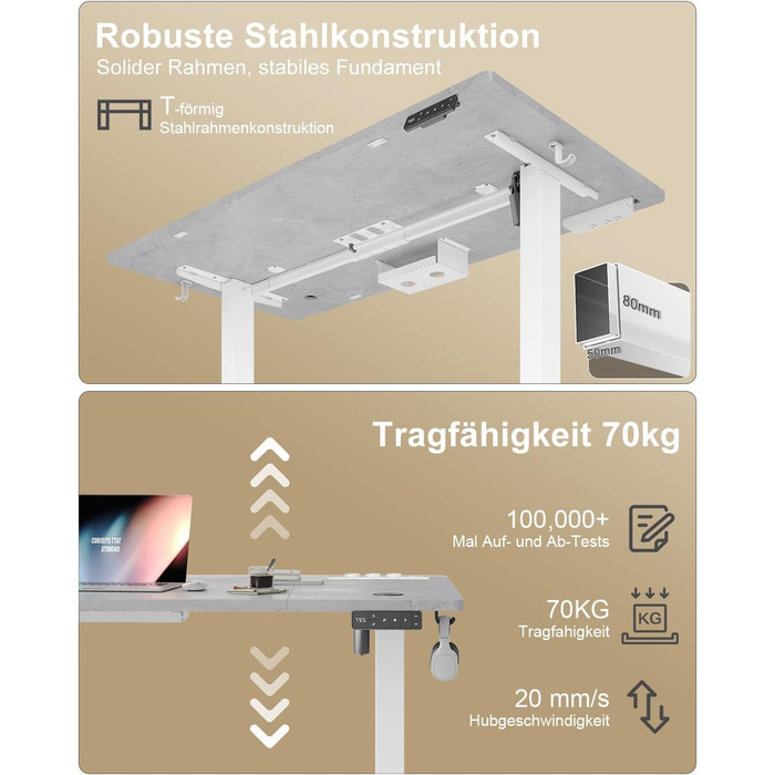 DEVOKO Стол для роботи з регулюванням висоти 140 x 70 см з розеткою, бездротовою зарядкою та USB – Електричний стіл для комп'ютера з функцією пам'яті та кабельною організацією – Ідеально для геймінгу та офісу, сірий 140 x 70 см