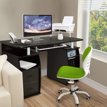 Комп'ютерний стіл COSTWAY з висувними ящиками, слайд для клавіатури, лоток для принтера та підставка для процесора, стіл із зберіганням, офісний стіл, робочий стіл, стіл для ПК для офісу, дому, 120 x 55 x 76 см (чорний)