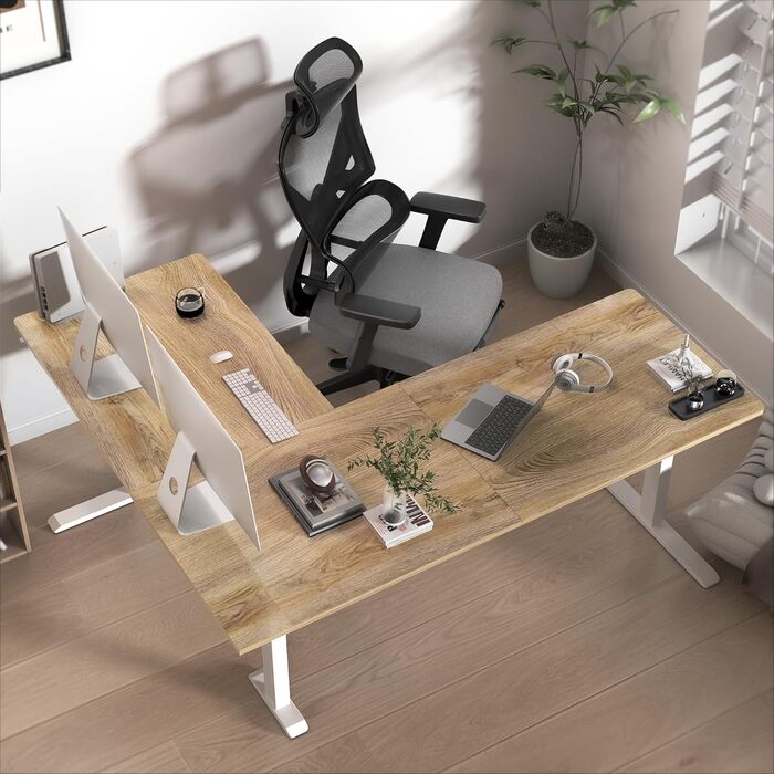 Електричний кутовий стіл BEXEVUE з регулюванням висоти 160x140 см, 3 режими пам'яті, антиколізійна технологія, ліворуч/праворуч, ергономічний комп'ютерний стіл, матеріал: акорн