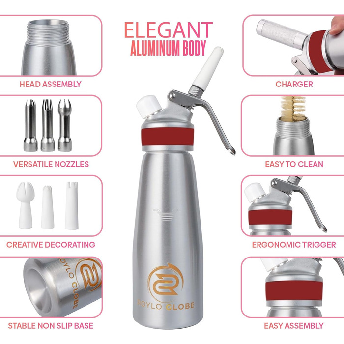 Професійний дозатор для збивання вершків, 500 мл, з силіконовим руків'ям, міцний, для приготування вдома, 6 насадок з нержавіючої сталі та пластику, 2 пензлики для чищення