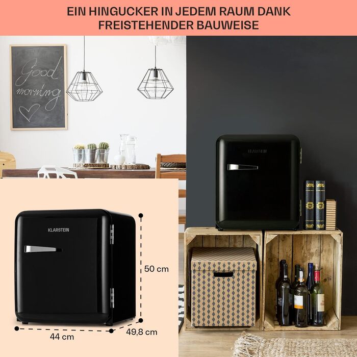 Холодильник Klarstein, міні-холодильник для напоїв, компактний холодильник, тихий, для догляду за шкірою, вінтажний дизайн, для кемпінгу, міні-холодильник для кімнати, 0-10°C, 48 л, енергоклас D, чорний