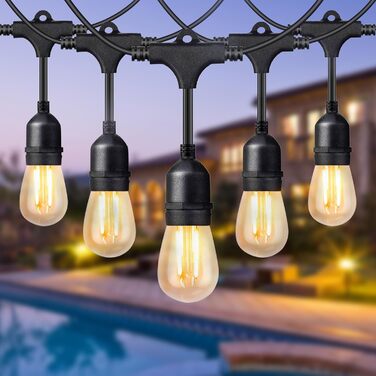 BRIMAX LED гірлянда для вулиці, 30 метрів, AC220-240V, IP44, 46+4 лампочки G40 E12 1W, 2200K тепле біле світло, розширювана, для кемпінгу, ярмарку, саду, вечірки