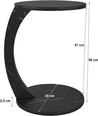 Приставний стіл Отвір Приліжкова тумбочка на коліщатках Стіл для ноутбука Стіл для вітальні С-подібний стіл на колесах Кругла стільниця 56 x Ø 38 см Журнальний столик (мармур, чорний)