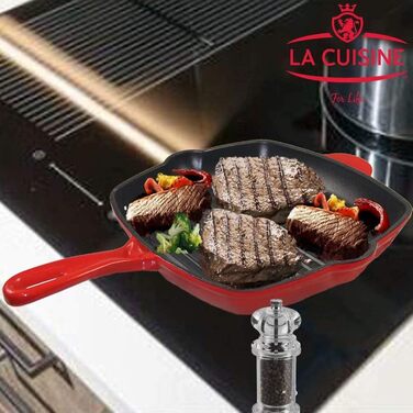 Сковорода-гриль квадратна La Cuisine 25 см з емальованого чавуну, червона емаль зовні, чорна емаль всередині