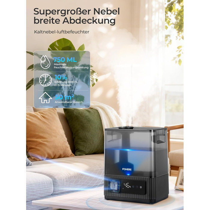 Ультразвуковий зволожувач повітря на 6л для великих кімнат, дитячої та спальні: безшумний холодний випарник з датчиком вологості, аромадифузором та верхнім заповненням, до 60 год роботи