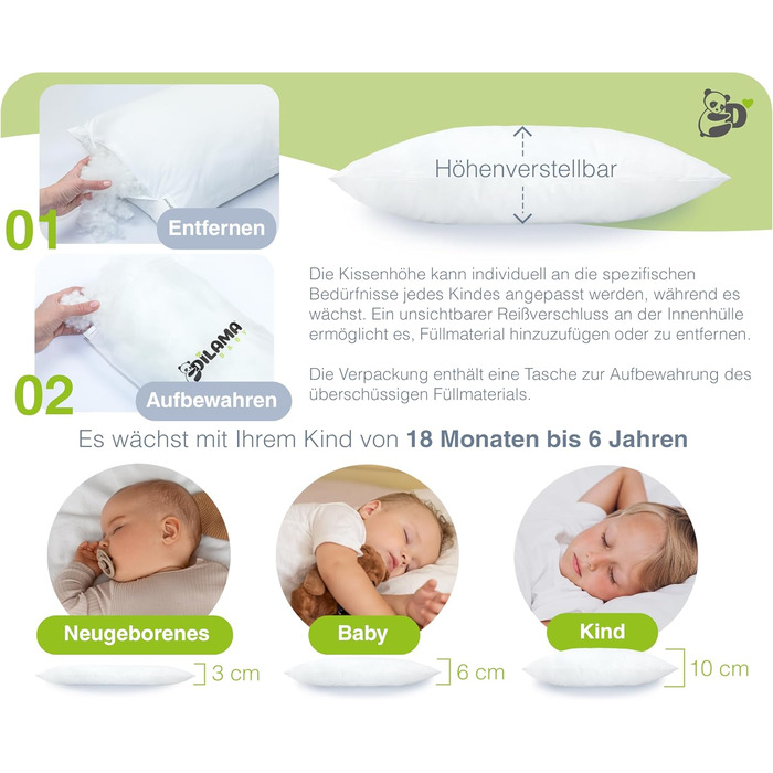 Дитяча подушка Dilamababy 40x60 см - ергономічна, з регульованою висотою, з волокнами, преміум-бавовна Percal, гіпоалергенна, антимікробова, для прання