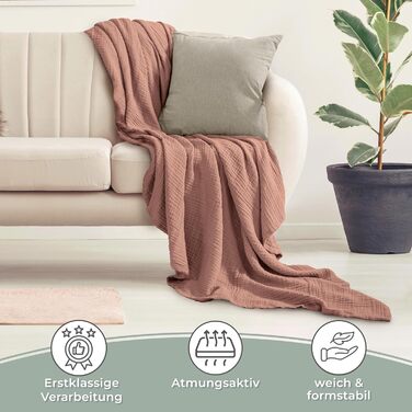 Плед LAYNENBURG Premium з мусліну, 100% бавовна, 150x200 см, мокко | Легка літня ковдра, плед для дивана, тепла софа-ковдра