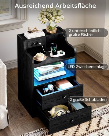 Нічний столик IRONCK з LED-підсвічуванням, розеткою та функцією зарядки, з ящиками, чорний