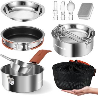 Набір посуду для кемпінгу Odoland: каструля, сковорода, тарілки, миски, столові прибори (10 шт.) з антипригарним покриттям та шкіряним чохлом