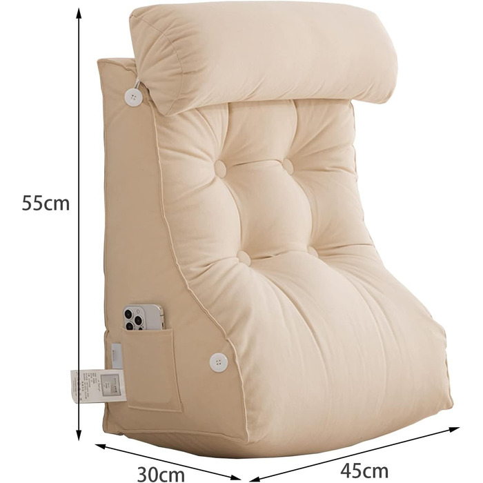 Подушка для читання COYEUX, велика подушка для ліжка з кишенею, спинка для телевізора, клиновий килимок з підголовником, для сидіння в ліжку, на дивані або на підлозі (світло-сірий, ширина 45 см (з підголовником))