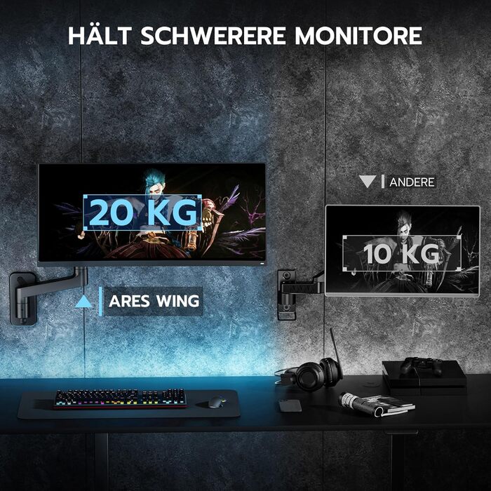Кріплення для монітора Ares Wing на стіну, 17-49 дюймів, до 20 кг, VESA 75/100, чорний