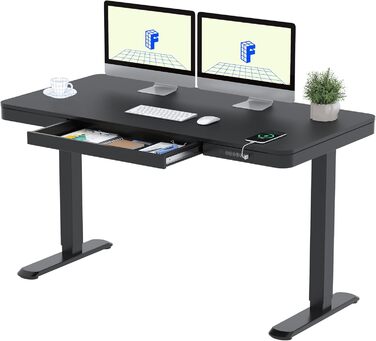 Електричний регульований стіл FLEXISPOT з підйомною функцією, USB-порт, ящик для зберігання та скляною стільницею (сніжно-білий), 140 x 70 см, Luxusschwarz