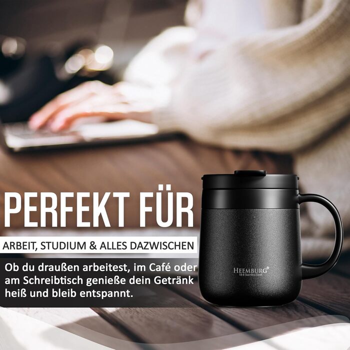 Термокружка з ручкою, подвійні стінки, вакуумна ізоляція, нержавіюча сталь 18/8, 2 кришки, неслизьке дно, 440мл (330мл), для офісу та робочого місця