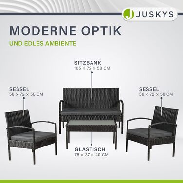 Набір садово-балкових меблів Juskys Trinidad: садова група з столом, софою та 2 стільцями (на 4 особи), сірі подушки