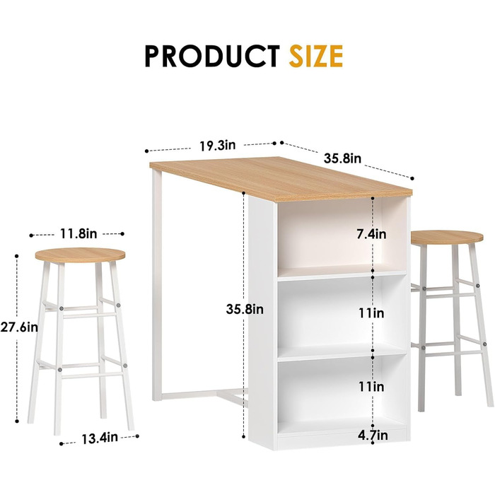 Набір барного столу та табуреток Soges: стіл, 2 барні табурети, полиця для зберігання (91x49.5x91 см)