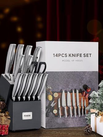 Набір ножів FOHERE з бруском для заточування, 14 предметів. Професійний набір кухонних ножів з нержавіючої сталі, ергономічні ручки, ідеальний подарунок