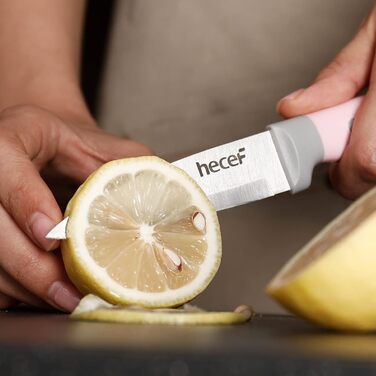 Набір ножів Hecef 14 предметів з дерев'яним блоком, професійний набір кухонних ножів з нержавіючої сталі, з ножицями, ножем для стейка та точилкою (рожевий)