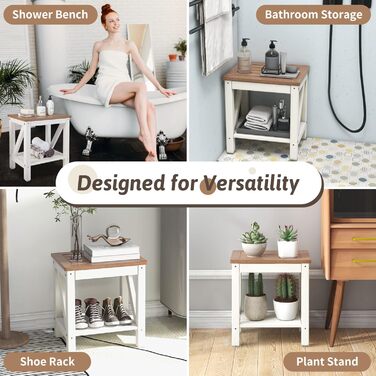 Двоярусна душова лавка GOPLUS з місцем для зберігання, душовий стілець для ванної кімнати, білий та коричневий (43 x 32 x 47 см)