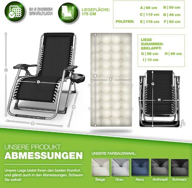 Розкладний шезлонг Tillvex® для саду та відпочинку на вулиці | Максимальне навантаження 200 кг, регульована спинка, товсте положення, подушка для шиї | Для балкона, саду та тераси | Бежевий колір