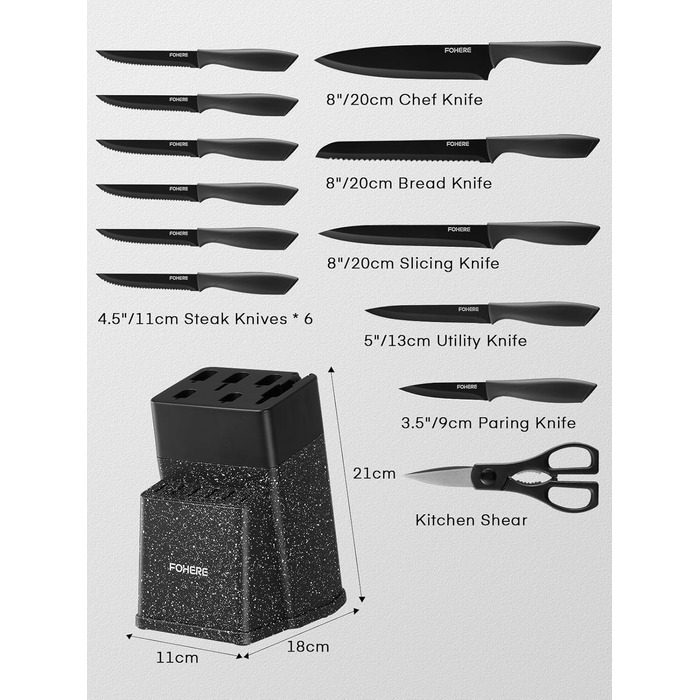 Набір ножів FOHERE 13 предметів з підставкою, нержавіюча сталь, з інтегрованим точилом, антипригарне покриття, ергономічні ручки, чорний граніт