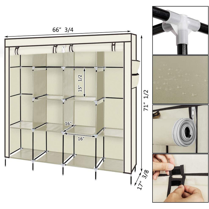Шафа-купе розкладна з штангою для одягу та полицями, 170x45x180 см, бежева, для спальні/вбиральні