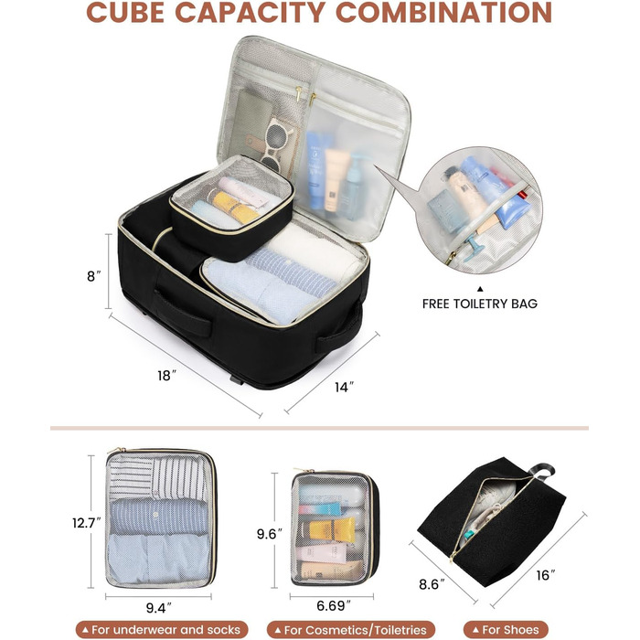 LOVEVOOK Рюкзак для ручної поклажі, дорожній рюкзак для жінок, водонепроникний, з відділенням для взуття, 17-дюймовий ноутбук, рюкзак для подорожей, 40L, 45x36x20, чорний