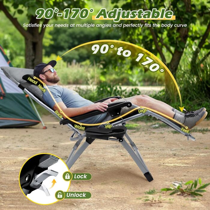 Шезлонг для відпочинку, розкладний, широка спинка 72 см, для саду, патіо, пляжу, басейну, з подушкою, 200 кг (Світло-сірий)