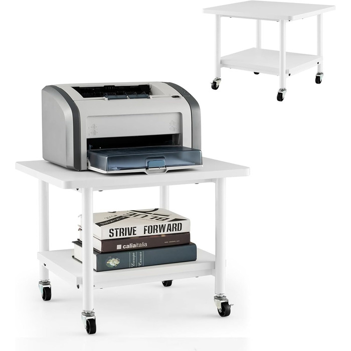 Стіл для принтера HOMASIS з 2 ящиками, стійка для принтера з 4 колесами та 2 гальмами, вантажопідйомність 55 кг, для офісу та дому (білий)