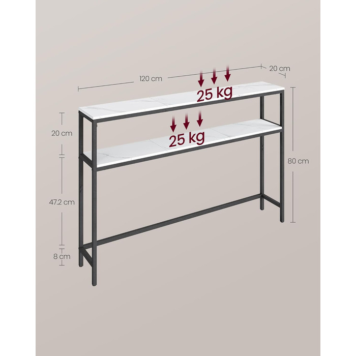 Консоль VASAGLE - вузький столик для вітальні/коридору з 2 полицями, 20 x 100 x 80 см, сірий/чорний, LNT131B22