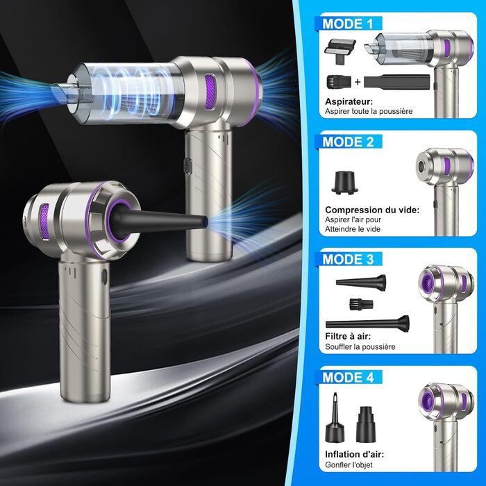 Бездротовий ручний автомобільний пилосос 4 в 1, потужність 18000Па, безщітковий мотор 200 000 об/хв, 3 рівні всмоктування для авто, дому та шерсті тварин, сріблястий