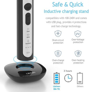 Електрична зубна щітка Lächen Sonic з 4 насадками, таймером, 3 режимами та 3 рівнями вібрації, у валізі (чорний)